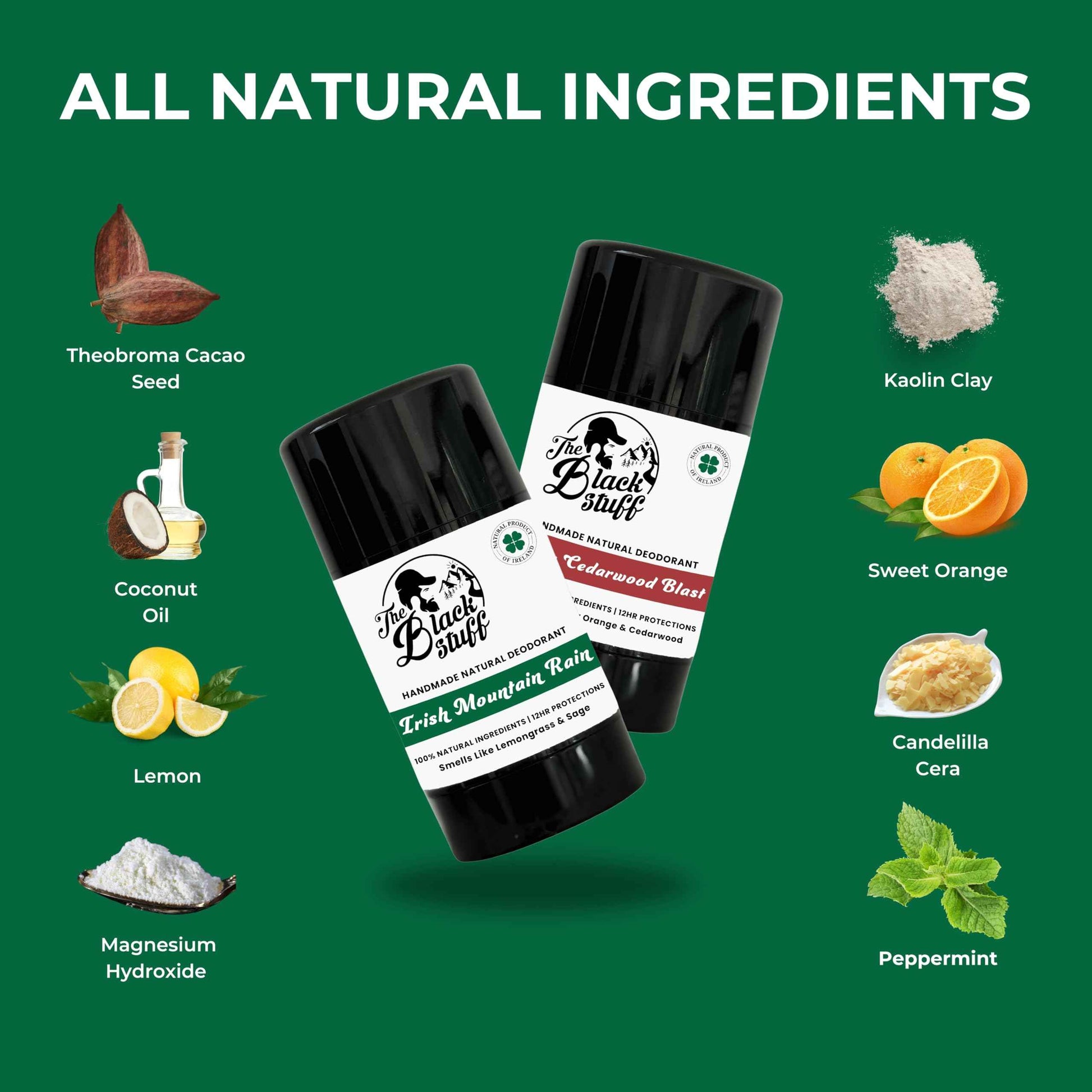 The Black Stuff Natural Deodorant with Cocoa Butter & Lemon - Aluminum Free for Men, Long-Lasting Freshness, Irish Mountain Rain & Citrus Cedarwood Blast (Pack of 2)