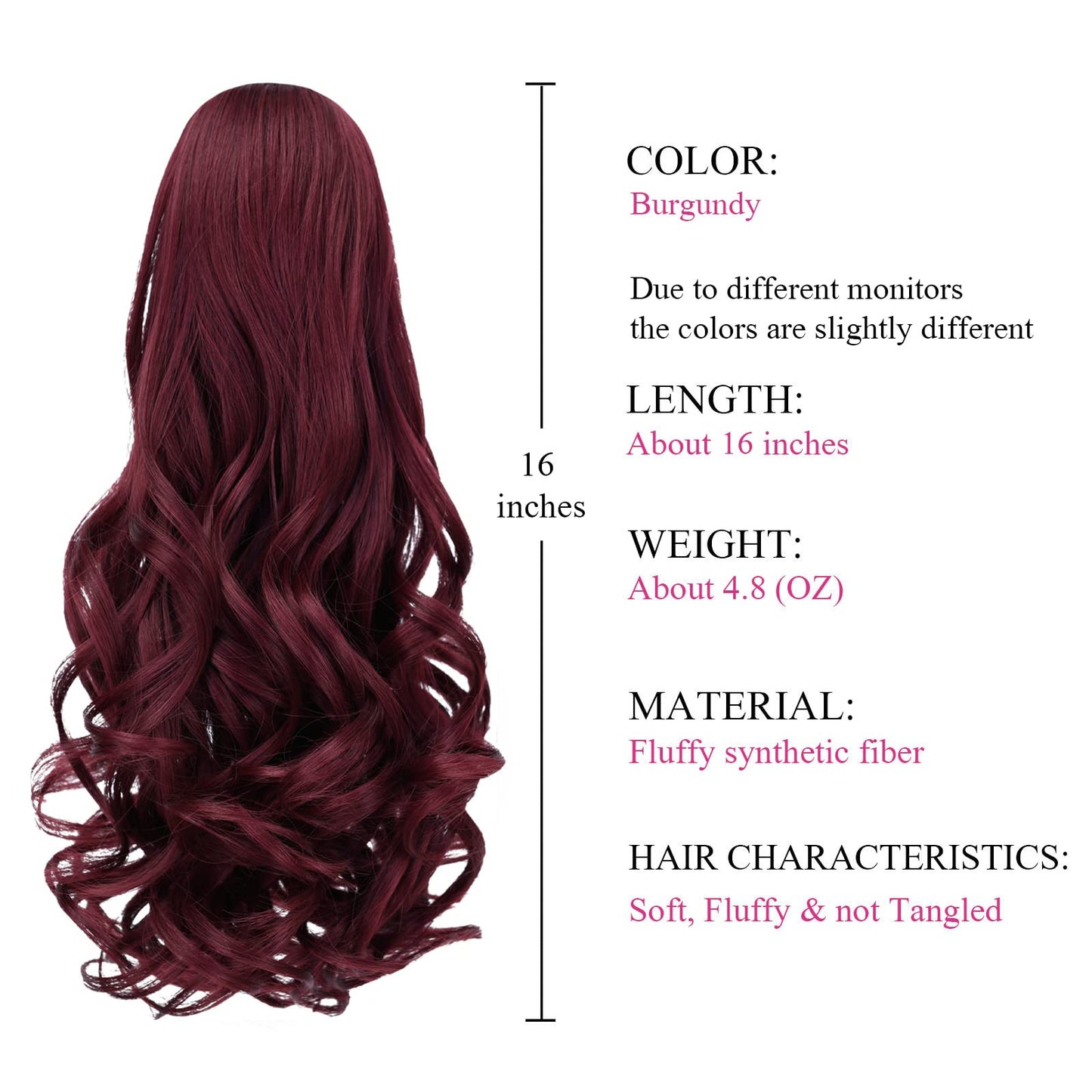 SYXLCYGG Burgundy Ponytail Extension Clip Claw Pony tail 16" Wavy 4.5 OZ Synthetic Like Real Fake Hair piece Women Fluffy&Soft