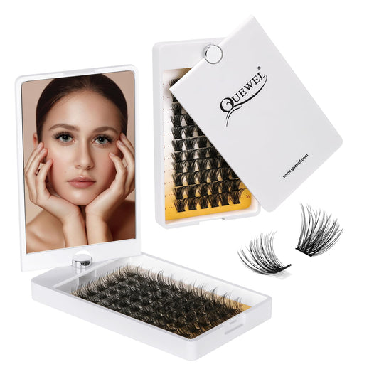 QUEWEL Cluster Lashes with 360° Rotatable Mirror 12-16mm Mix DIY Lash Extensions D Curl Individual Eyelashes Cluster Wispy False Eyelashes (FZM-01-D-MIX)