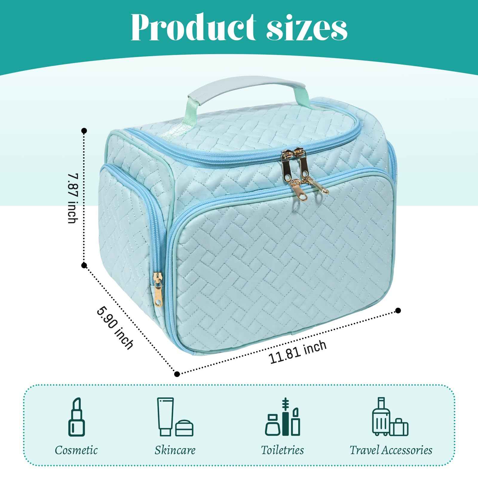 HDKJDPG Large Makeup Bag Organizer with Brush Storage,Travel Makeup Bag with Compartments for Travel Cosmetic Bags for Women (Blue)