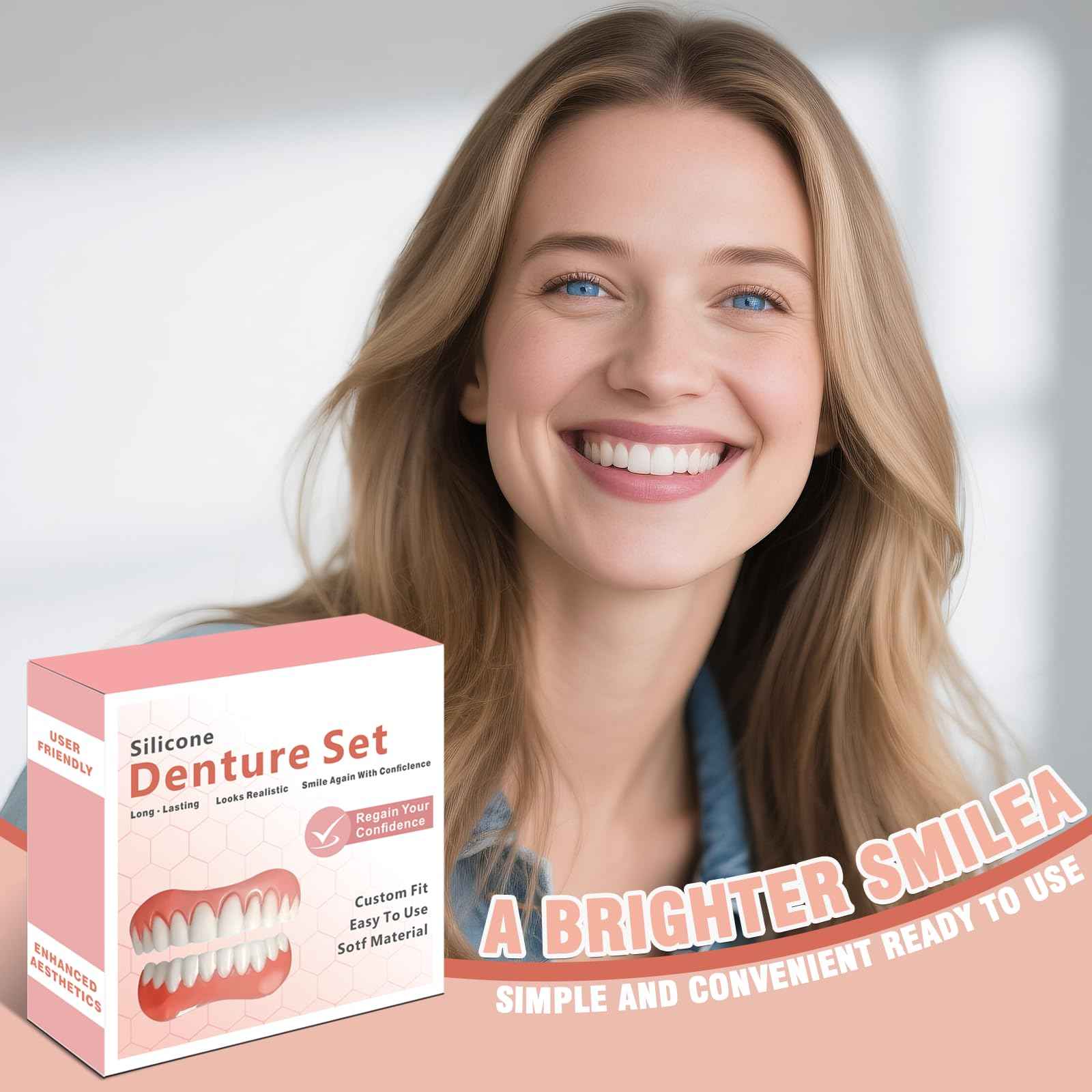 Dentures for Women and Men, Silicone Dentures Upper and Lower, Fix Your Smile at Home Within Minutes, Natural Shade False Teeth & Veneers