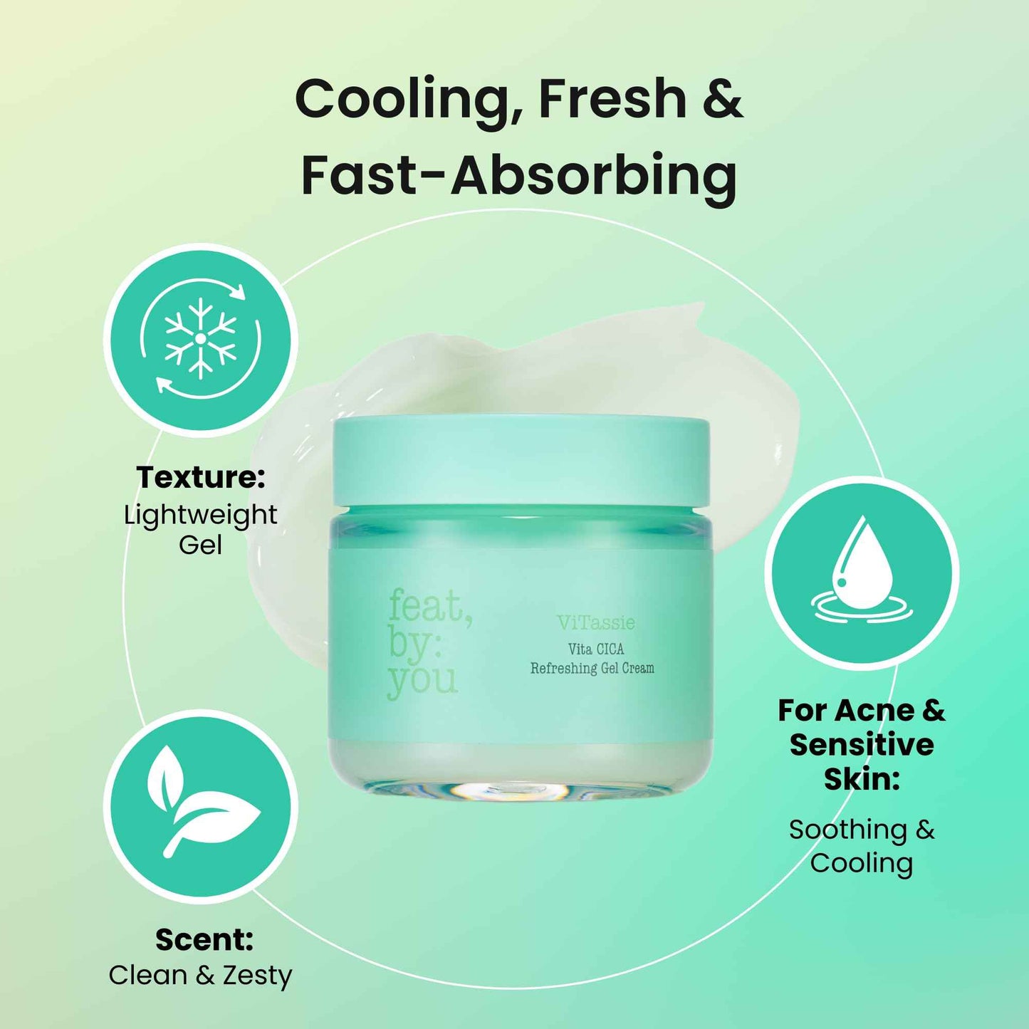 Feat by You - ViTassie CICA Refreshing Gel Cream (2.7 FL OZ) Face Moisturizer for Dry Skin, Acne-Prone, Sensitive Skin with Vitamin C, Centella Asiatica, Niacinamide, Hydrating, Soothing, Korean Made