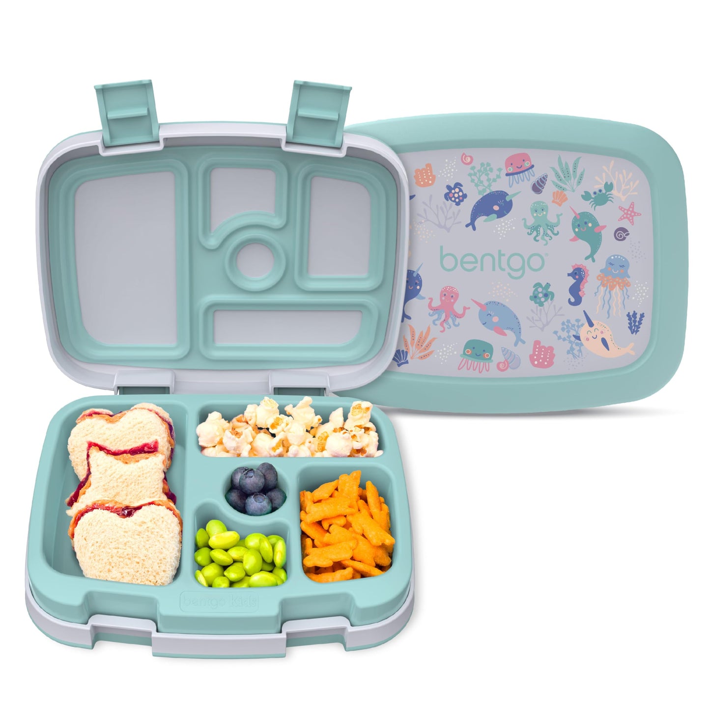 Bentgo Kids Prints Leak-Proof, 5-Compartment Bento-Style Kids Lunch Box - Ideal Portion Sizes for Ages 3-7, Durable, Drop-Proof, Dishwasher Safe, & Made with BPA-Free Materials (Sea Life)