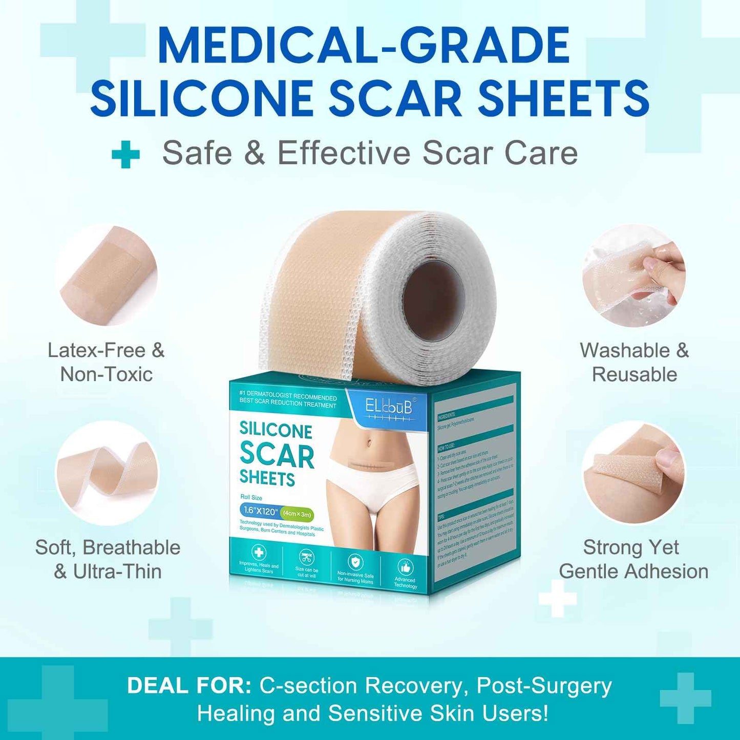 Silicone Scar Sheets (1.6” x 120”), Medical Grade Scar Tape for C-Section, Surgery, Keloid, Burn, Acne Scars - Reusable, Pain-Free, Safe for Sensitive Skin