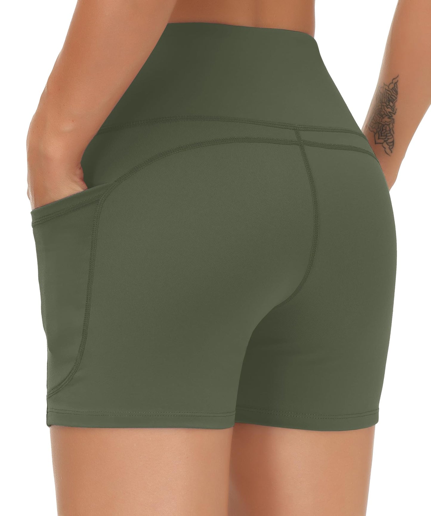 THE GYM PEOPLE High Waist Yoga Shorts for Women's Tummy Control Fitness Athletic Workout Running Shorts with Deep Pockets Bean Green