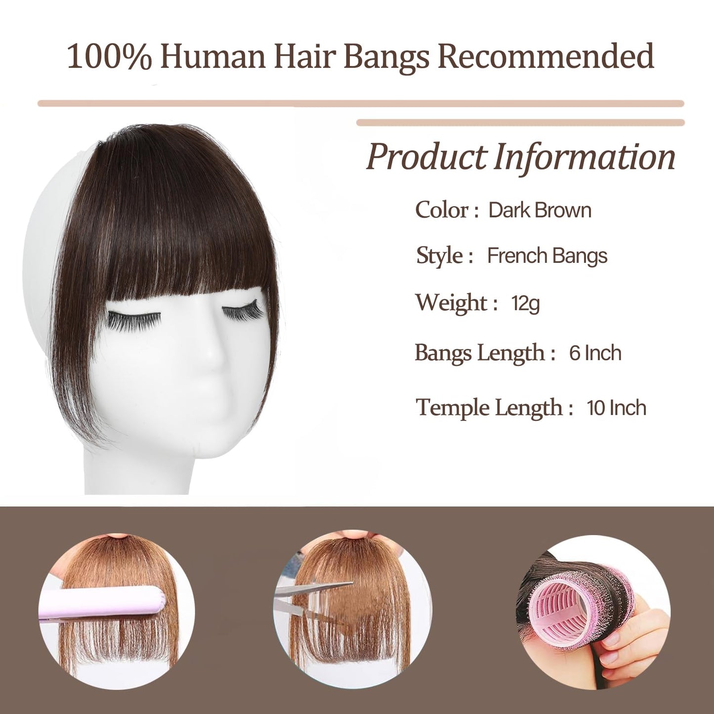 Clip In Bangs-Fake Bangs Hair Clip Dark Brown Clip On Bangs Real Human Hair French Curtain Bangs For Women Clips French Bangs Hair Extensions Fringe With Temples Hairpieces Curved Bangs For Daily Wear