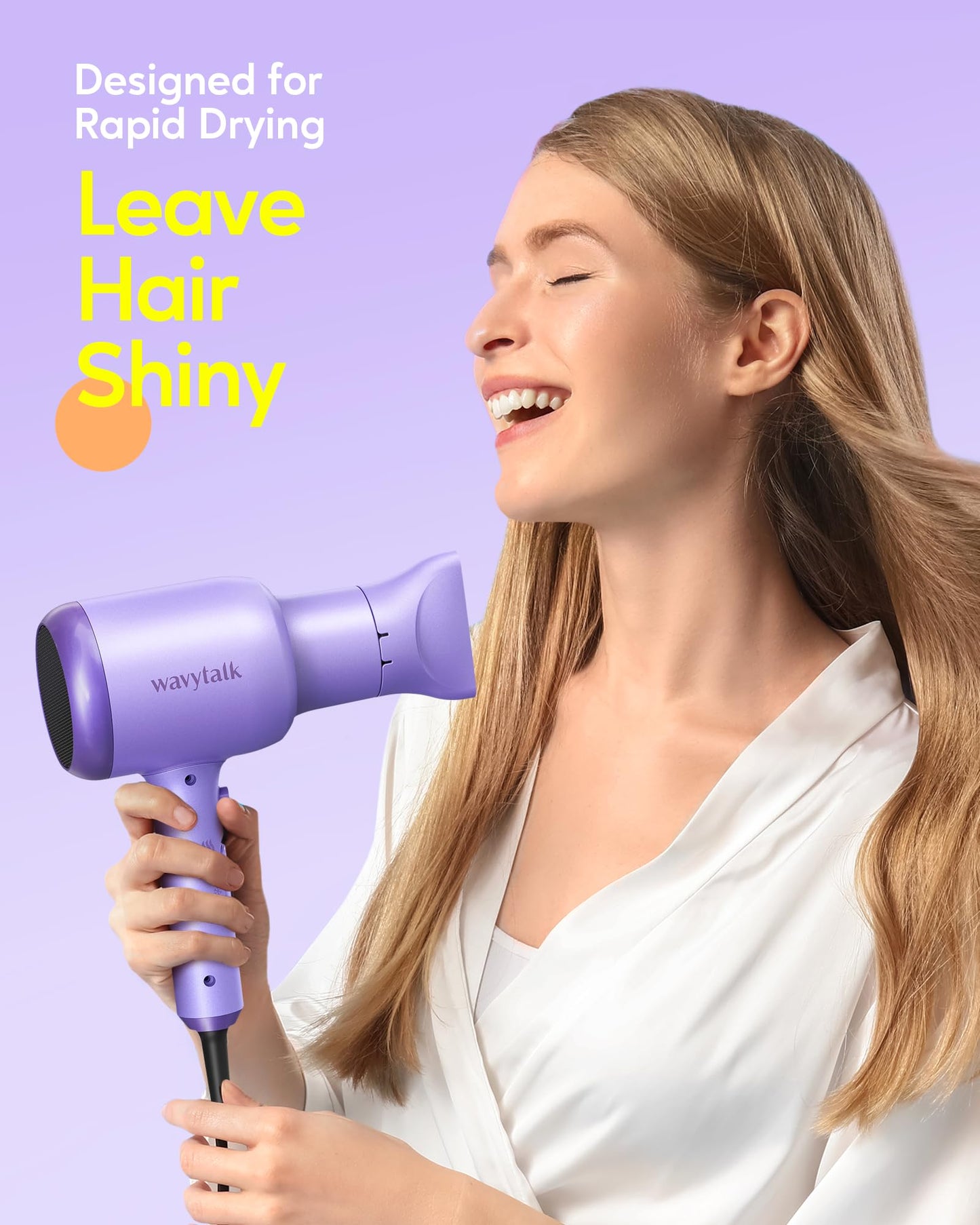 Wavytalk Ionic Blow Dryer with Diffuser - Professional 1875W Hair Dryer for Women, Constant Temperature, Comb for Fasting Drying, Light and Quiet, Purple