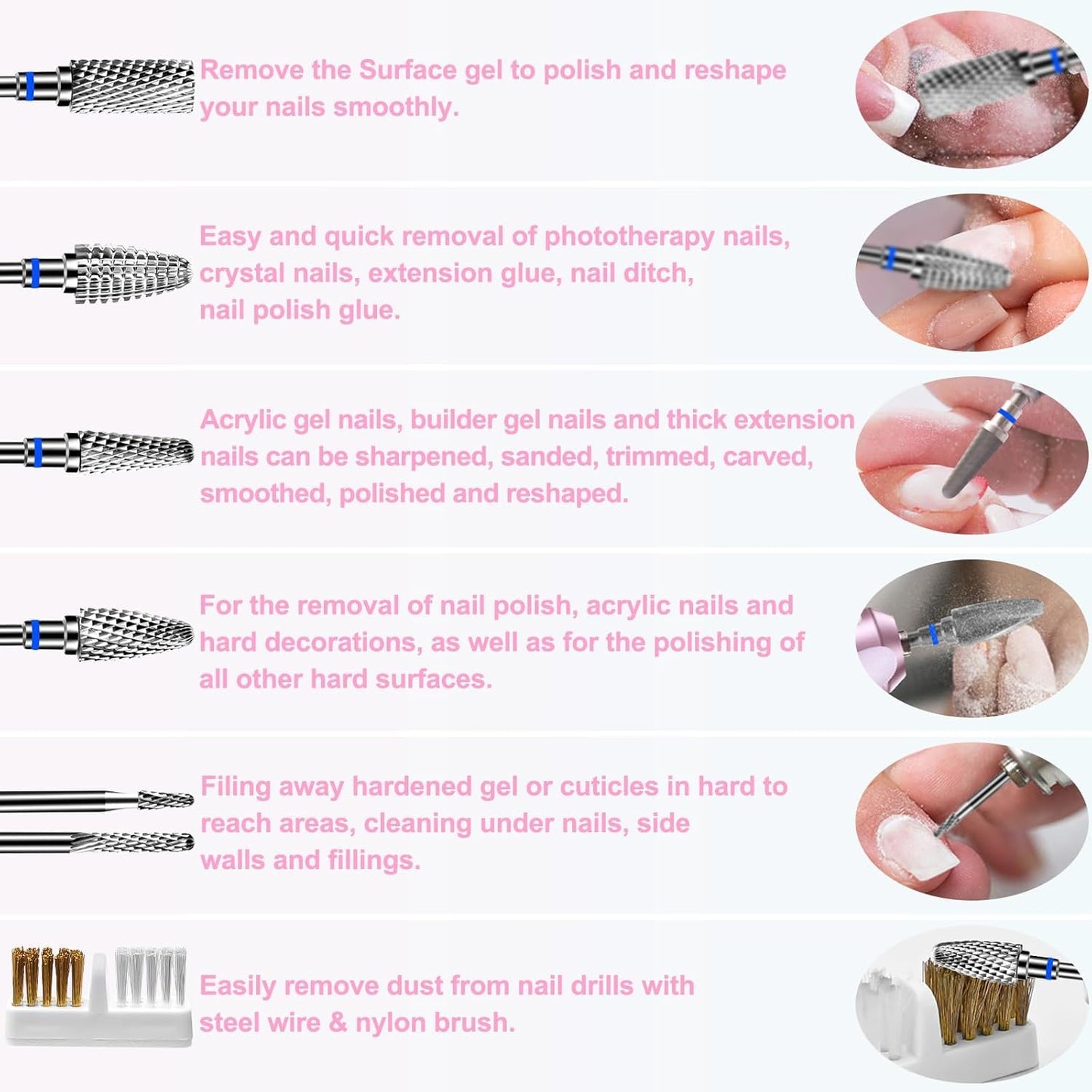 6Pcs Nail Drill Bits Set Professional, 3/32'' Electric Nail Drill Bits for Acrylic Gel Nails, Cuticle Nail Drill Bit Quick Gel Polish Remover Manicure Pedicure Tools with Cleaning Brush (Blue)