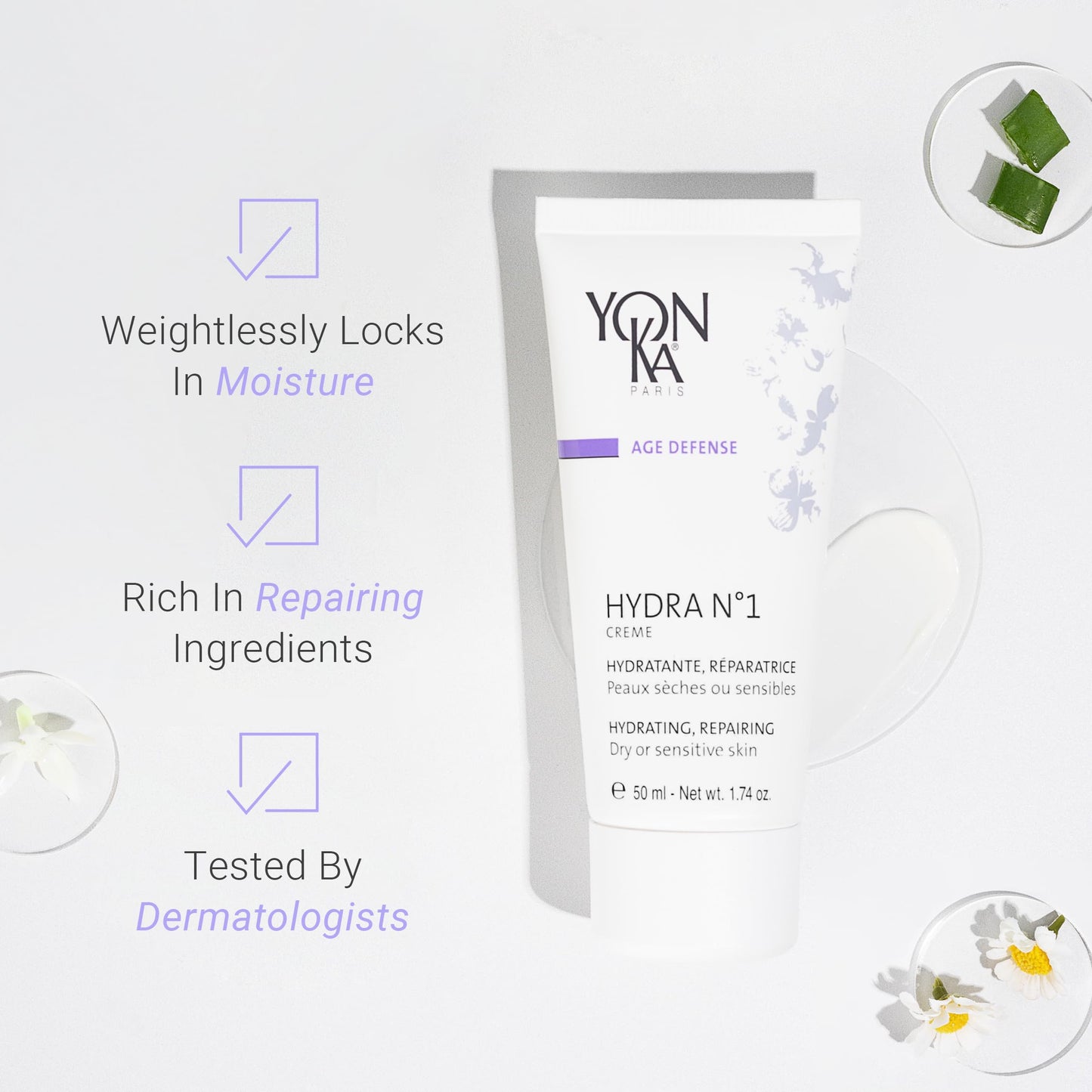 Yon-Ka Daily Reparative Moisturizer, Hydra No. 1 Creme - Rich Anti-Aging Skincare with Hyaluronic Acid, Vitamins A, C & E for Dry Skin, Paraben-Free, 50ml