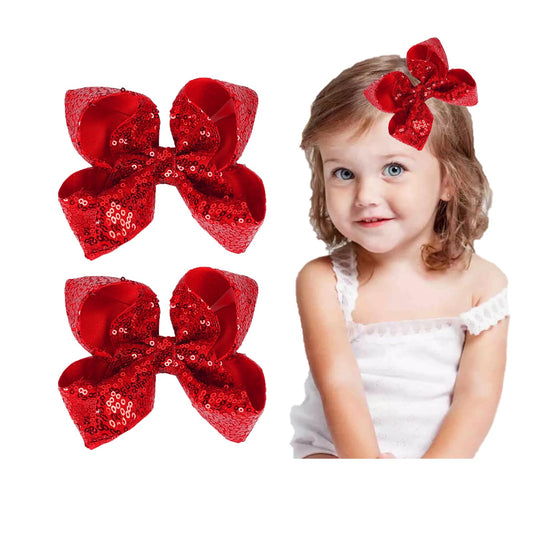 2 Handmade Sequin Large Bows Alligator Hair Clips & Barrettes for Women, Teens, and Kids (Red, 6 Inch)