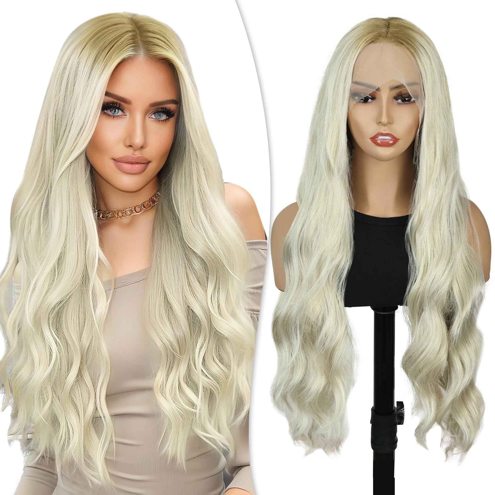 PHOCAS 30 Inch Curly Blonde Lace Front Wig 13x3 Synthetic Lace Front Wig Pre Plucked Free Part, Ombre Blonde Long Body Wave HD Lace Frontal Wigs for Women Halloween Cosplay Party Daily Use