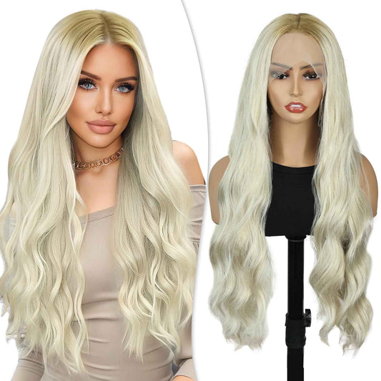 PHOCAS 30 Inch Curly Blonde Lace Front Wig 13x3 Synthetic Lace Front Wig Pre Plucked Free Part, Ombre Blonde Long Body Wave HD Lace Frontal Wigs for Women Halloween Cosplay Party Daily Use
