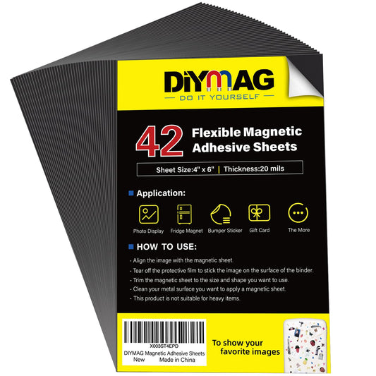 DIYMAG Adhesive Magnetic Sheets, |4" x 6"| 42 Packs, Flexible Magnet Sheets with Adhesive for Crafts, Photos and Die Storage, Easy Peel and Stick, Easy to Cut into Any Shape/Size (4" x 6"- 42P)