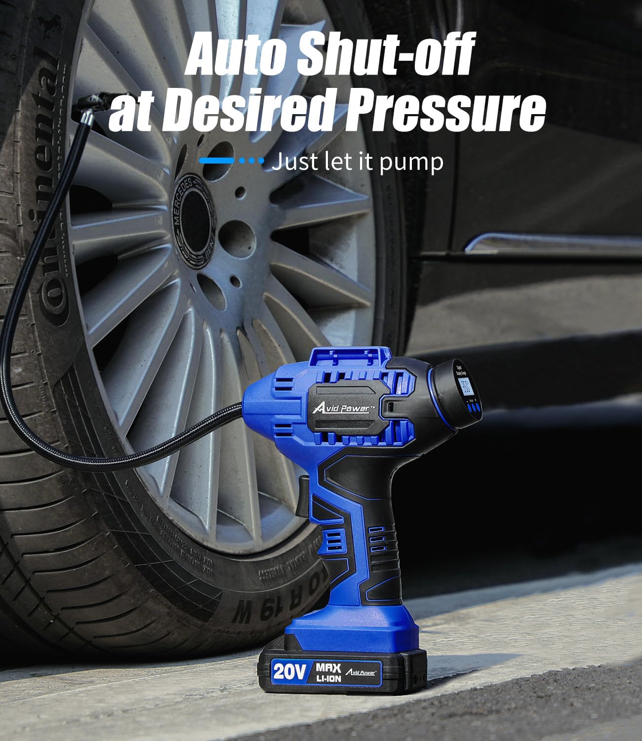 Avid Power Cordless Tire Inflator Portable Air Compressor, 20V Rechargeable Battery Tire Pump w/ 12V DC Power Adapter, Digital Pressure Gauge, Auto Air Pump for Many Inflatables (Blue)