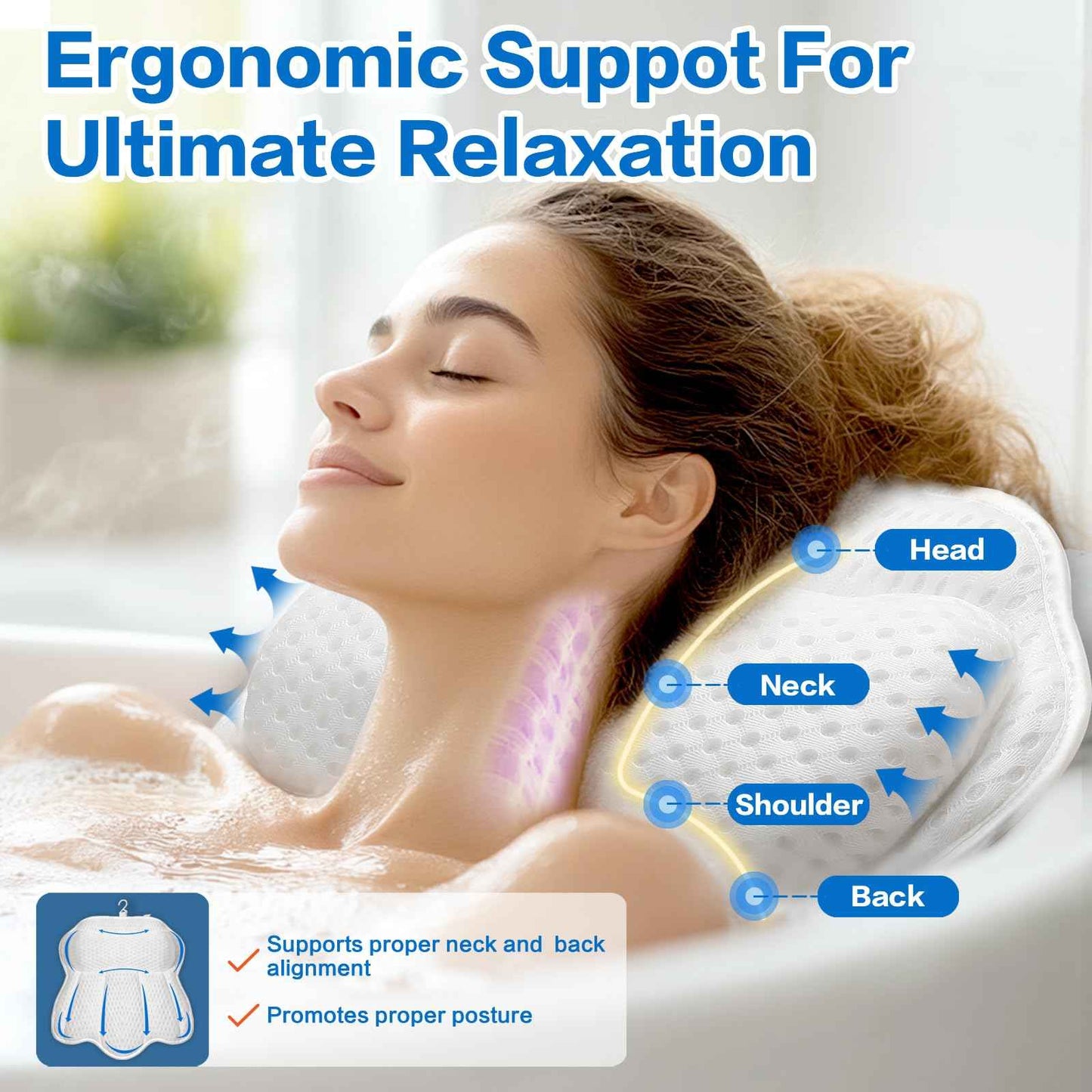 Non Slip Bath Pillows for Tub, 10 Enhanced Suction Cup Bath Pillow for Women Relaxing, Bath Tub Pillows for Head and Neck, Bath Pillow Luxury Bathtub Pillow, Spa Bathtub Pillow for Soaking Tub