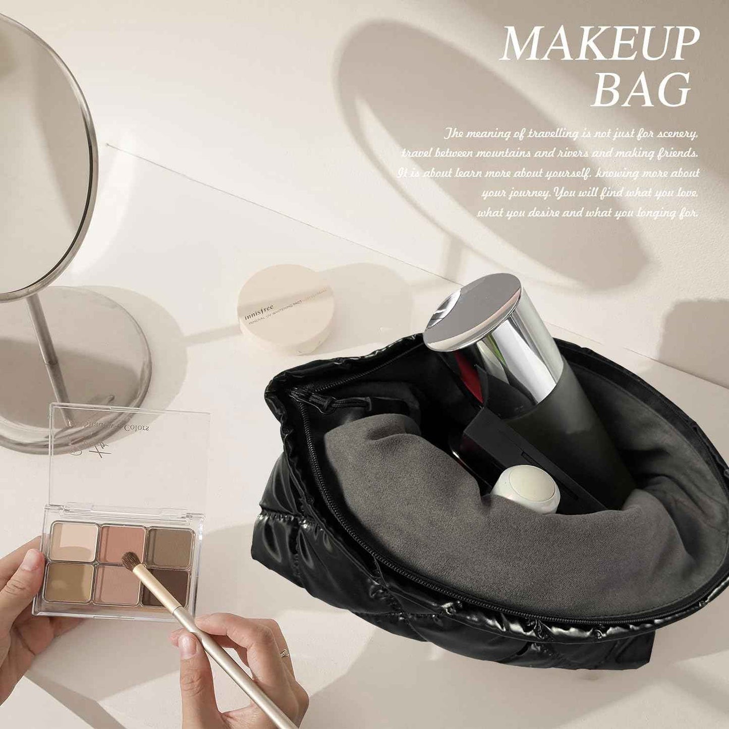 WANNES Cute Cosmetic Bag for Women, Soft and Fluffy Travel Makeup Bag with Durable Zipper, Essential Skincare and Toiletry Organizer Pouches (Black)