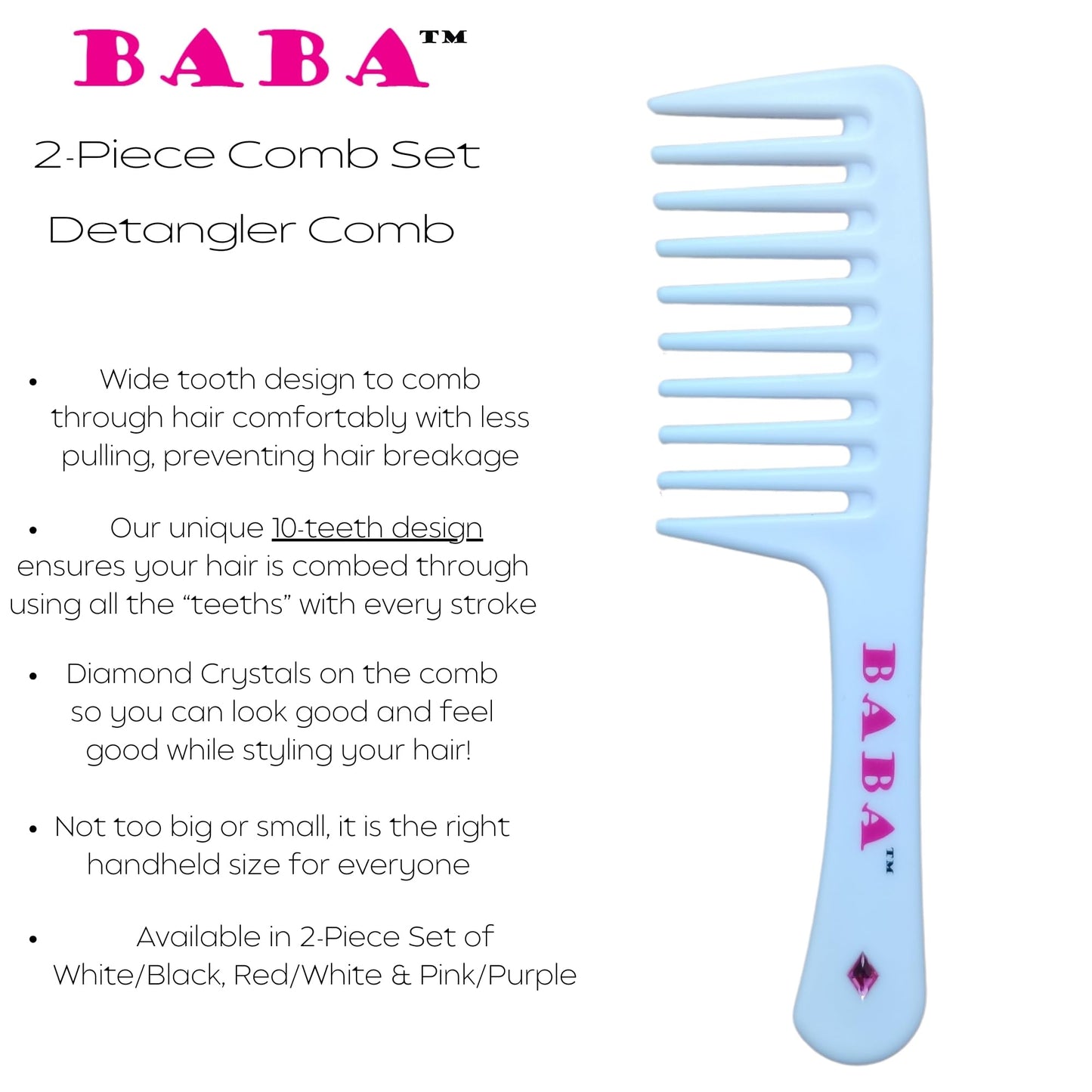 BABA - 2 Piece Diamond Crystal Wide Tooth Detangler Comb – Combs for Women, Hair Comb, Detangles Wet or Dry Hair, Detangling Comb, Wide Tooth Comb for Curls, Hair Brush Detangler (Red White)