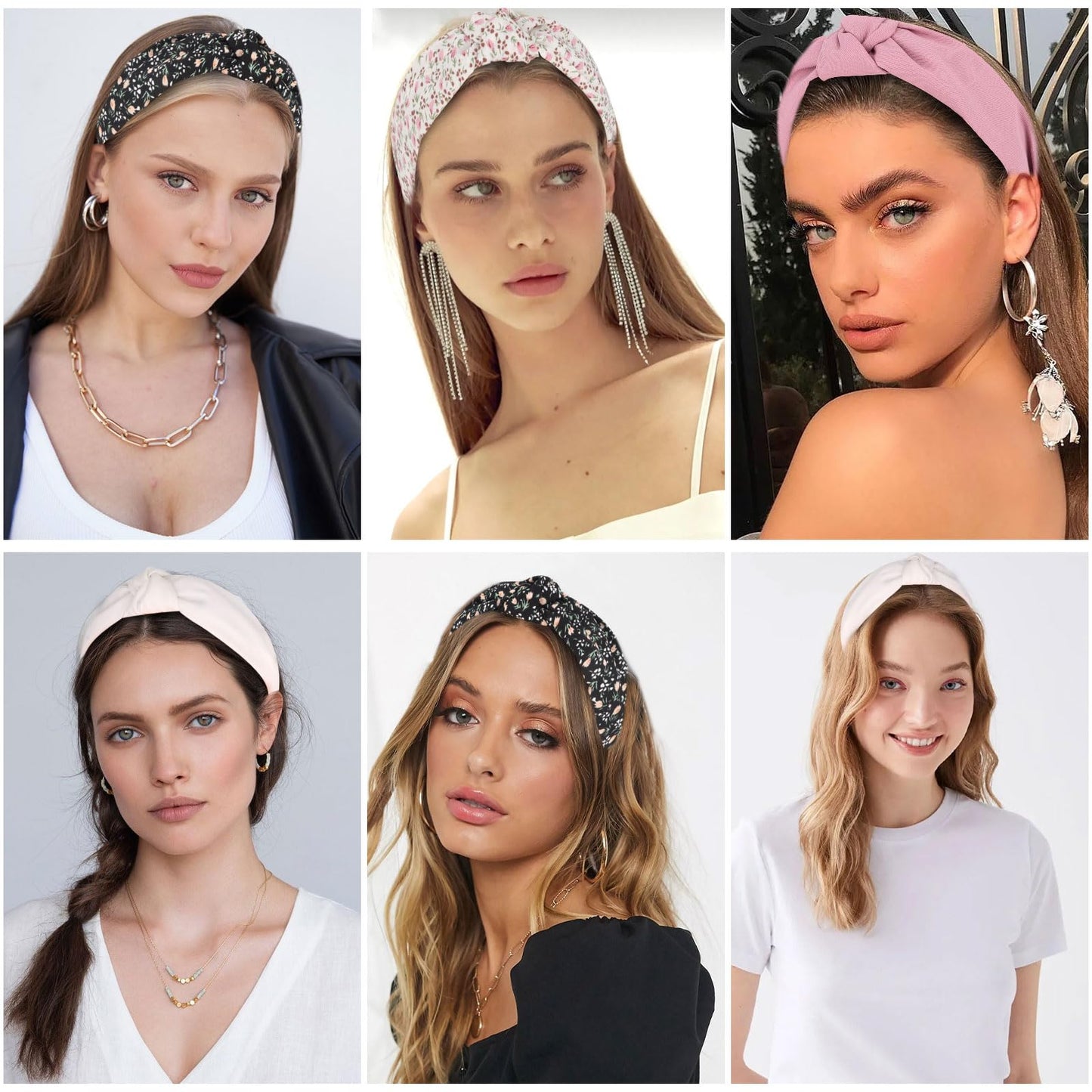 YISSION 4PCS Knotted Headbands for Women Girls Non Slip Flower Printed Head Bands Top Knot Headband for Women Black White Pink Headband Hair Accessories for Women