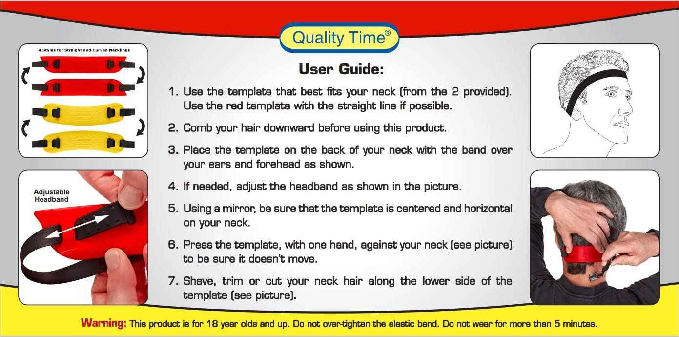 Quality Time Neck Hair Guide Premium, 2 Different Neckline Templates with All 4 Neck Hairline Styles; A Premium Adjustable Stencil/Guard for Haircut, Do It Yourself, Made in USA
