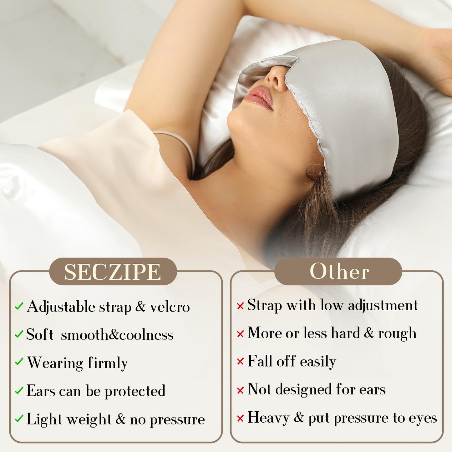 SECZIPE 100% Mulberry Silk Sleep Mask Eye Mask for Women Man with Adjustable Band, for Side Sleeper Blackout Sleep Mask for Travel Rest and Office Large Size (Gray)