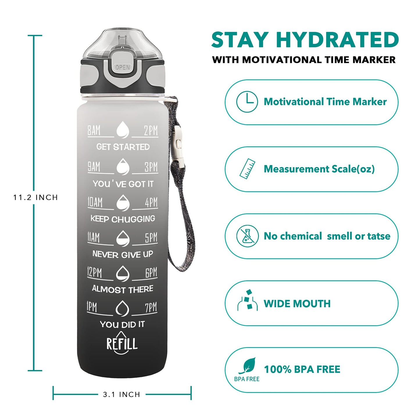 Enerbone 32 oz Drinking Water Bottle with Times to Drink and Straw, Motivational with Carrying Strap, Leakproof BPA & Toxic Free, Ensure You Drink Enough Water for Fitness Gym Outdoor