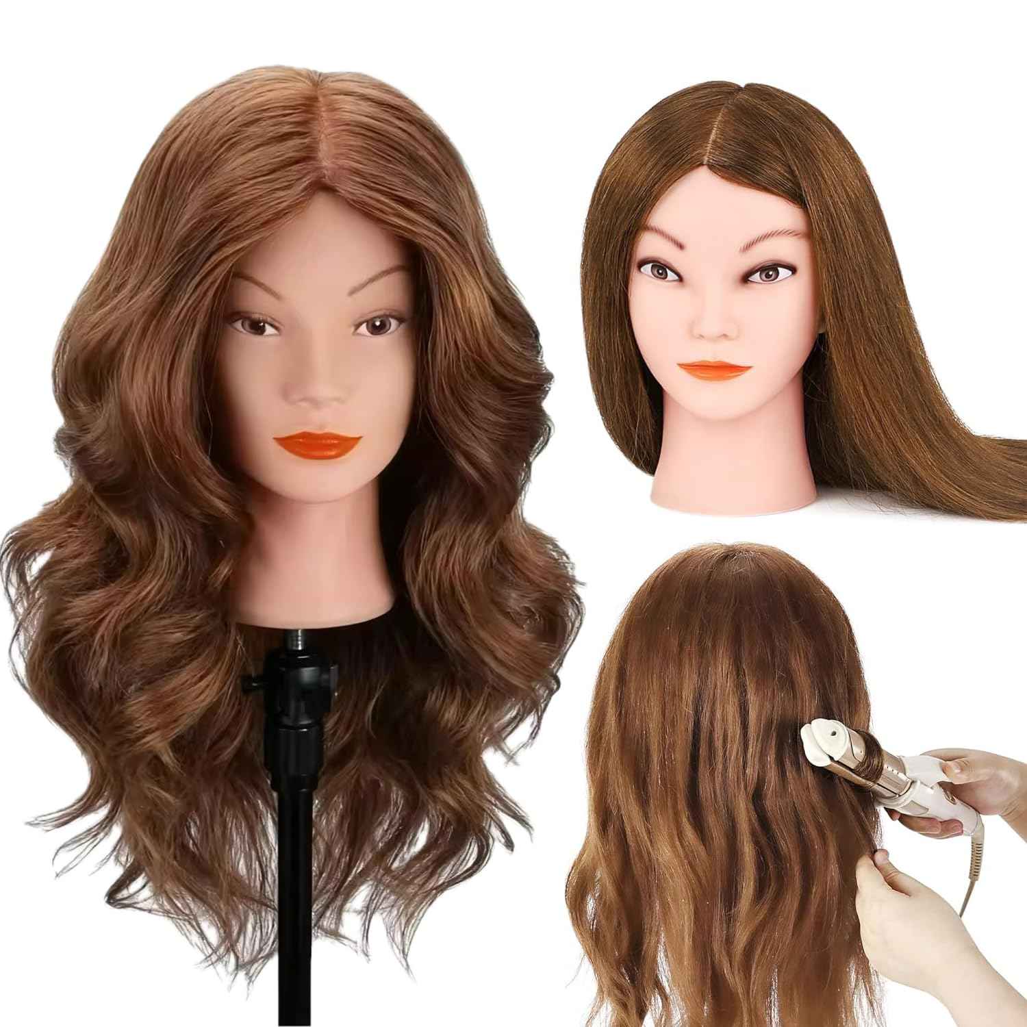 Mannequin Head with 100% Real Human Hair, Beauty Star Manikin Doll Head for Hair Styling, Cosmetology Hairdressing Training Practice Head with Clamp Stand and Braiding Accessories Kit (18" Dark Brown)