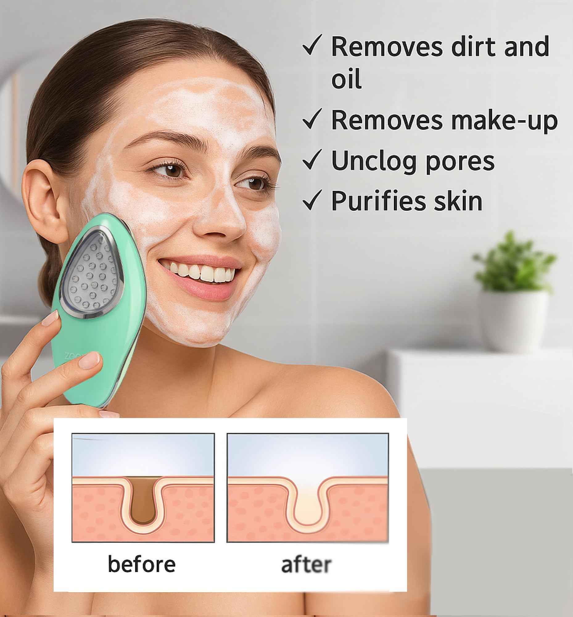 Rechargeable Silicone Facial Cleansing Brush & Face Scrubber, Water-Resistant Electric Face Exfoliator with LED Light, 6 Vibration Modes, Deep Cleansing Brush for All Skin Types, Men & Women