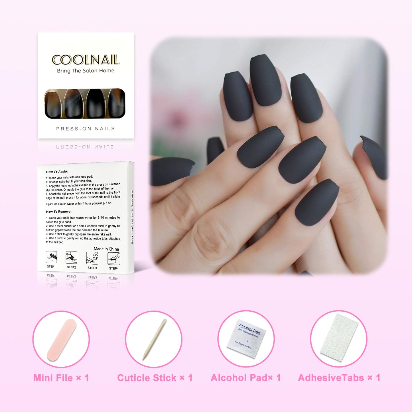 CoolNail Coffin Nail Tips Classic Matte Black Gray Ballerina False Nail Full Nails Flat Top Fake Nails Tips