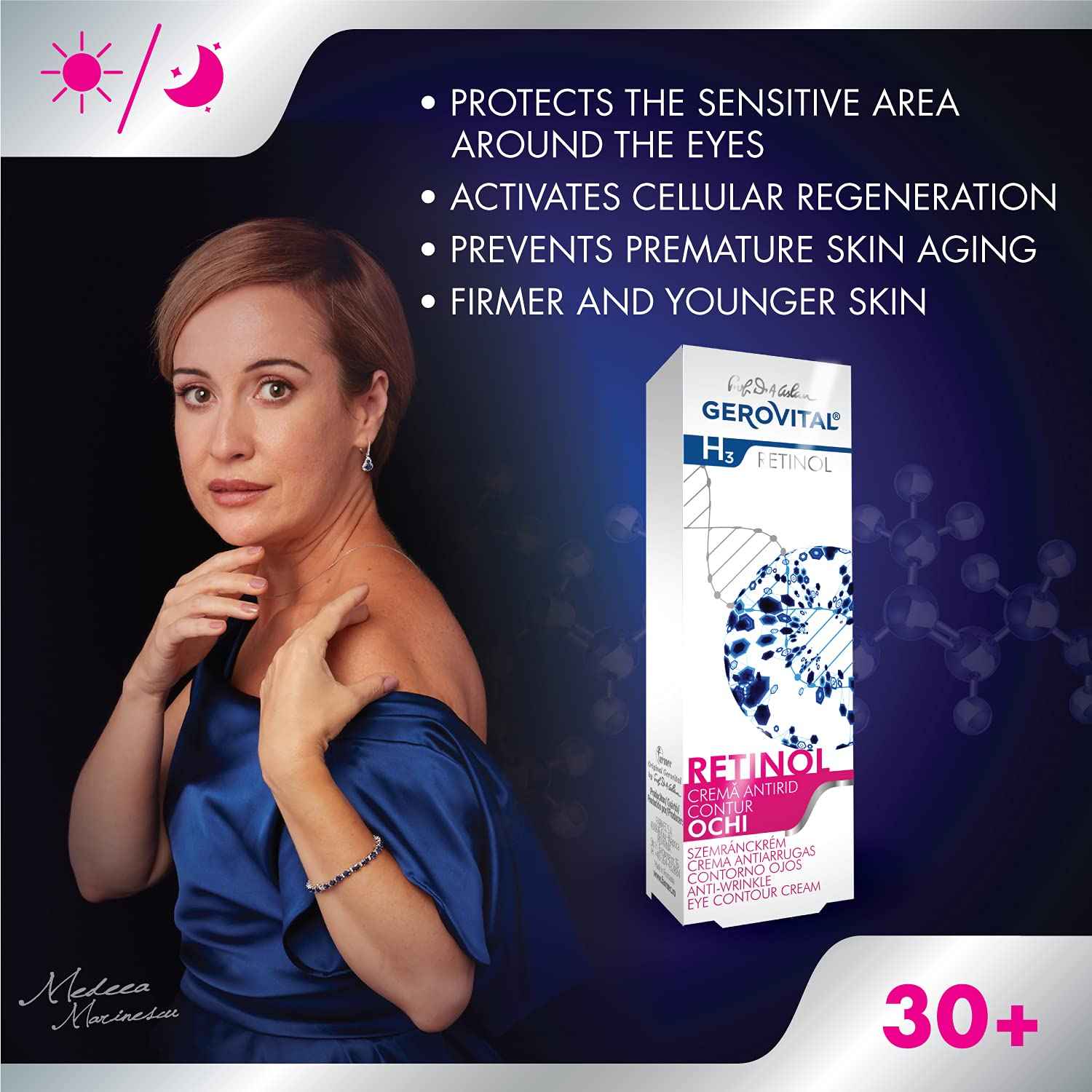 GEROVITAL RETINOL Anti-Wrinkle Eye Contour Cream with Retinol, Sepilift, and Vitamins A and E, Prevents and Reduces Wrinkles, 15 mililiters