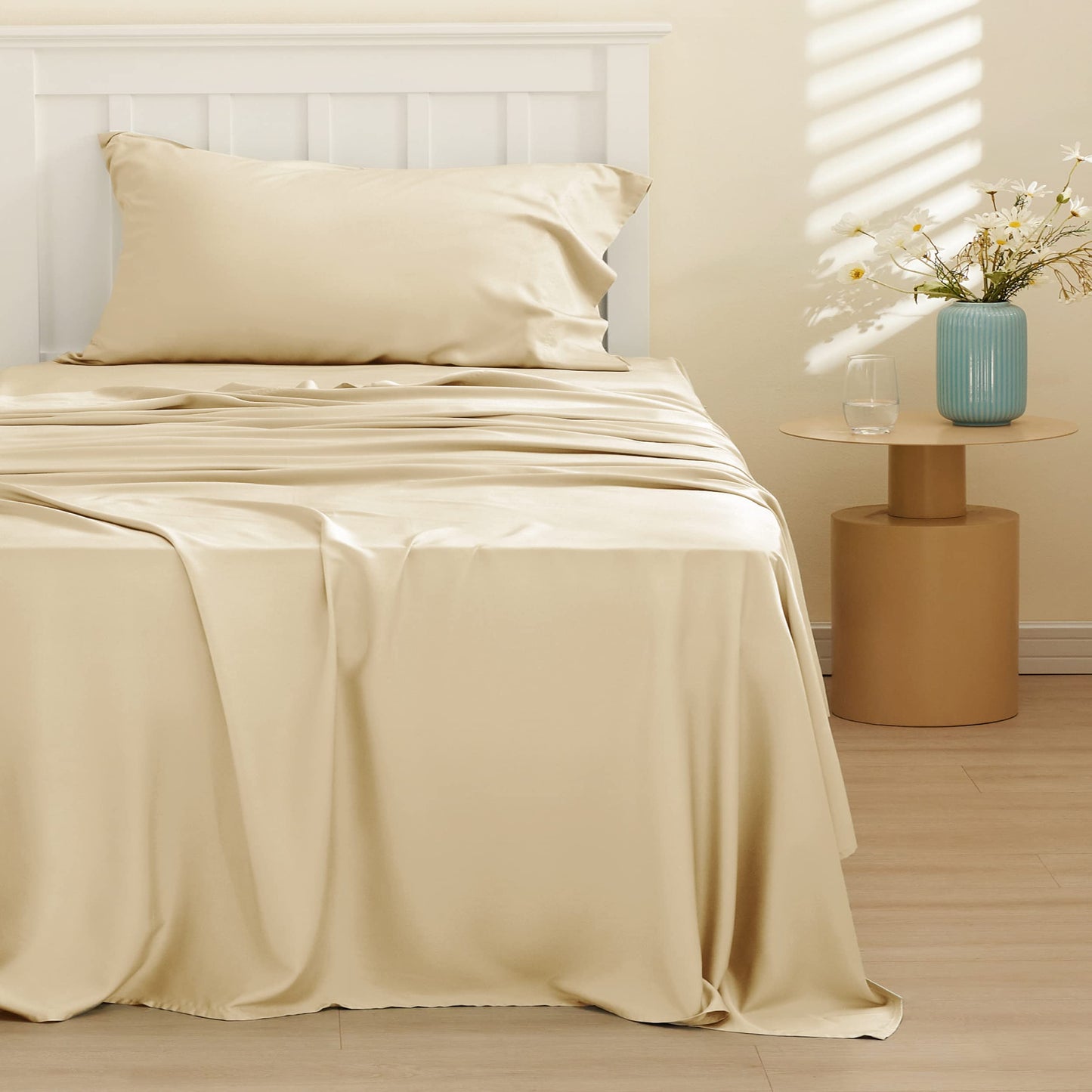 Bedsure Twin Sheets Set, Cooling Sheets Twin Size Bed Set, Rayon Derived from Bamboo, Twin Size Sheets, Breathable & Soft Bed Sheets, Hotel Luxury Silky Bedding Sheets & Pillowcases, Alabaster Gleam