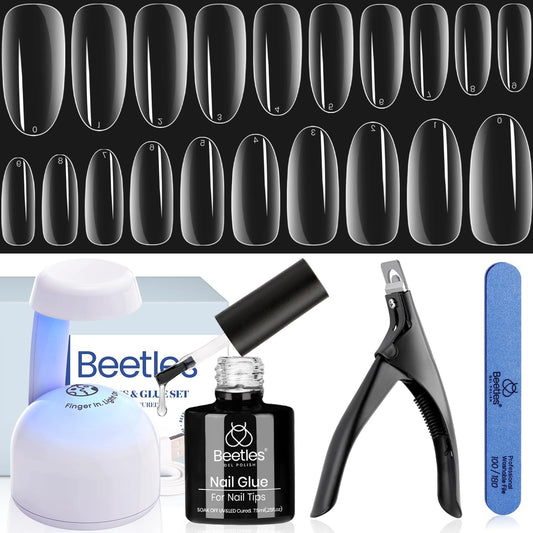 Beetles Gel Nail Kit Easy Nail Extension Set 5 In 1 Nail Glue Gel Base Coat with Pre shaped Medium Oval Gel Nail Tips and Uv Led Nail Lamp Acrylic Nail Clipper for Nail Art Diy Home