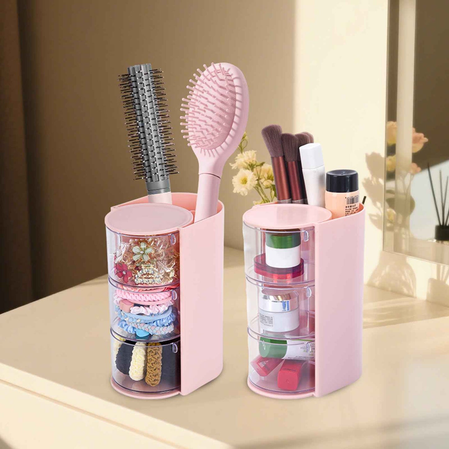 Pink Hair Accessory Organizer, 3-Layer Clear Hair Accessories Organizer Rotatable Small Jewelry Box for Clip Earring Necklaces, The Latest Gift for A Girl.