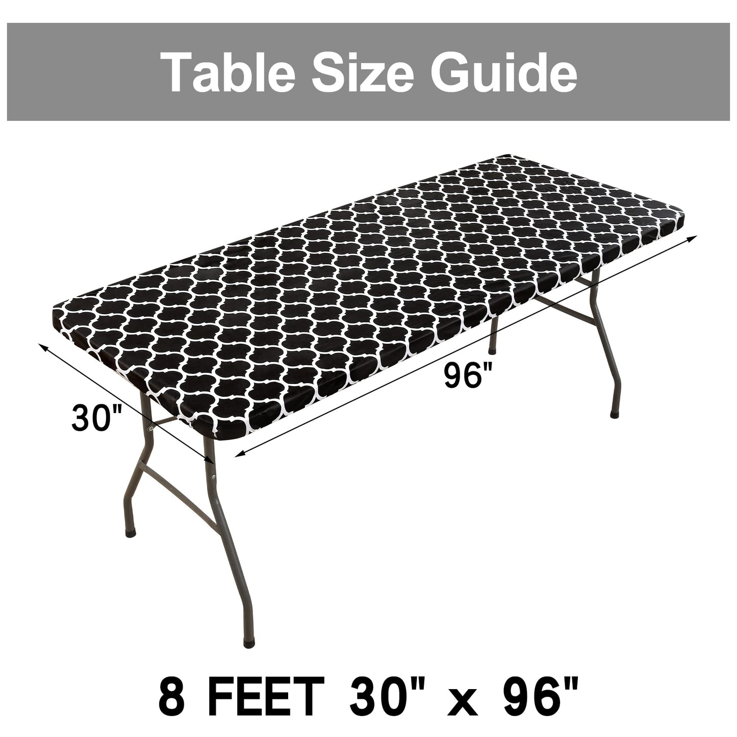 smiry Rectangle Picnic Tablecloth, Waterproof Elastic Fitted Table Covers for 8 Foot Tables, Wipeable Flannel Backed Vinyl Tablecloths for Camping, Indoor, Outdoor (Black Morocco, 30x96 Inches)