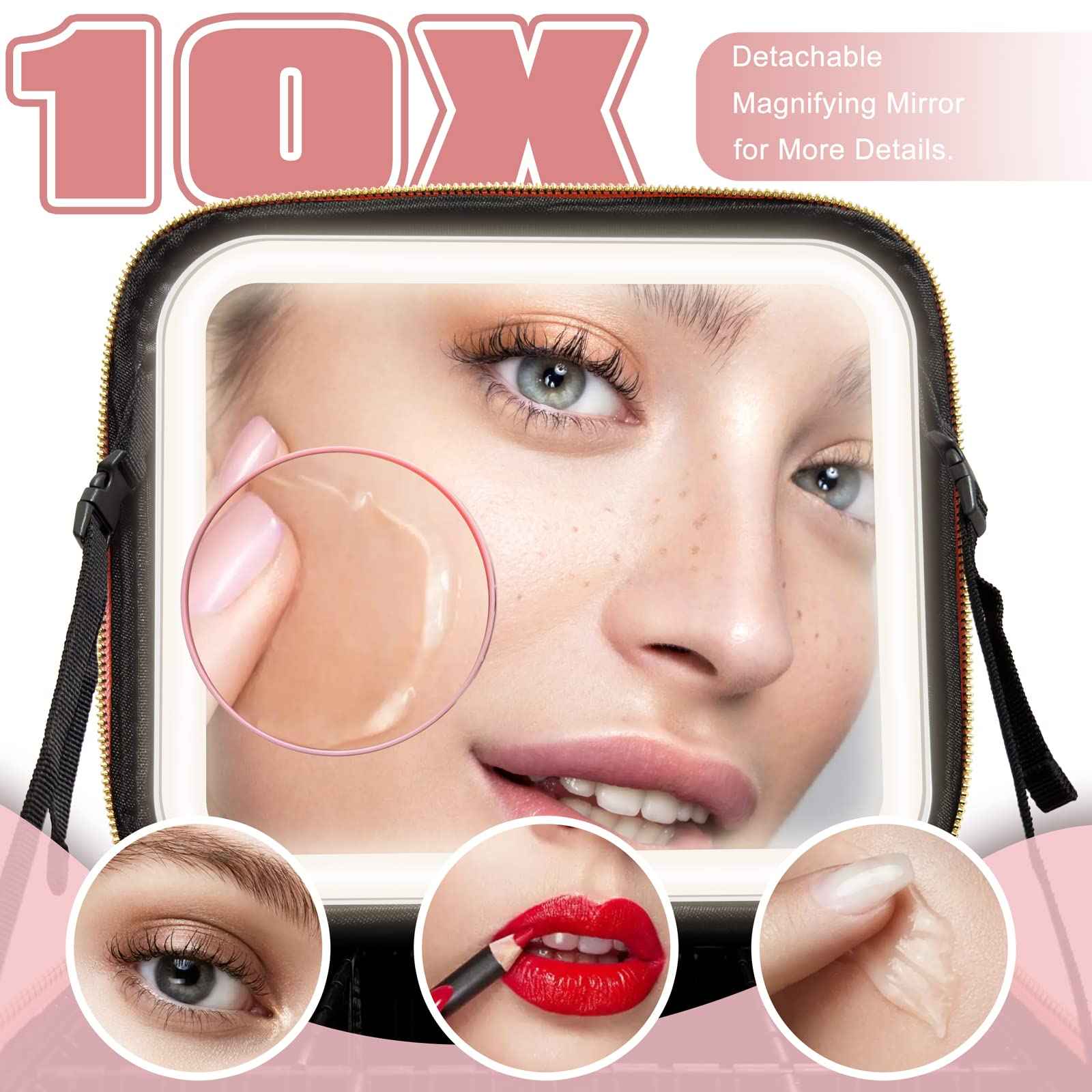 YUSONG Travel Makeup Bag With LED Lighted Mirror, Train Case With Adjustable Dividers and Detachable 10x Magnifying Mirror