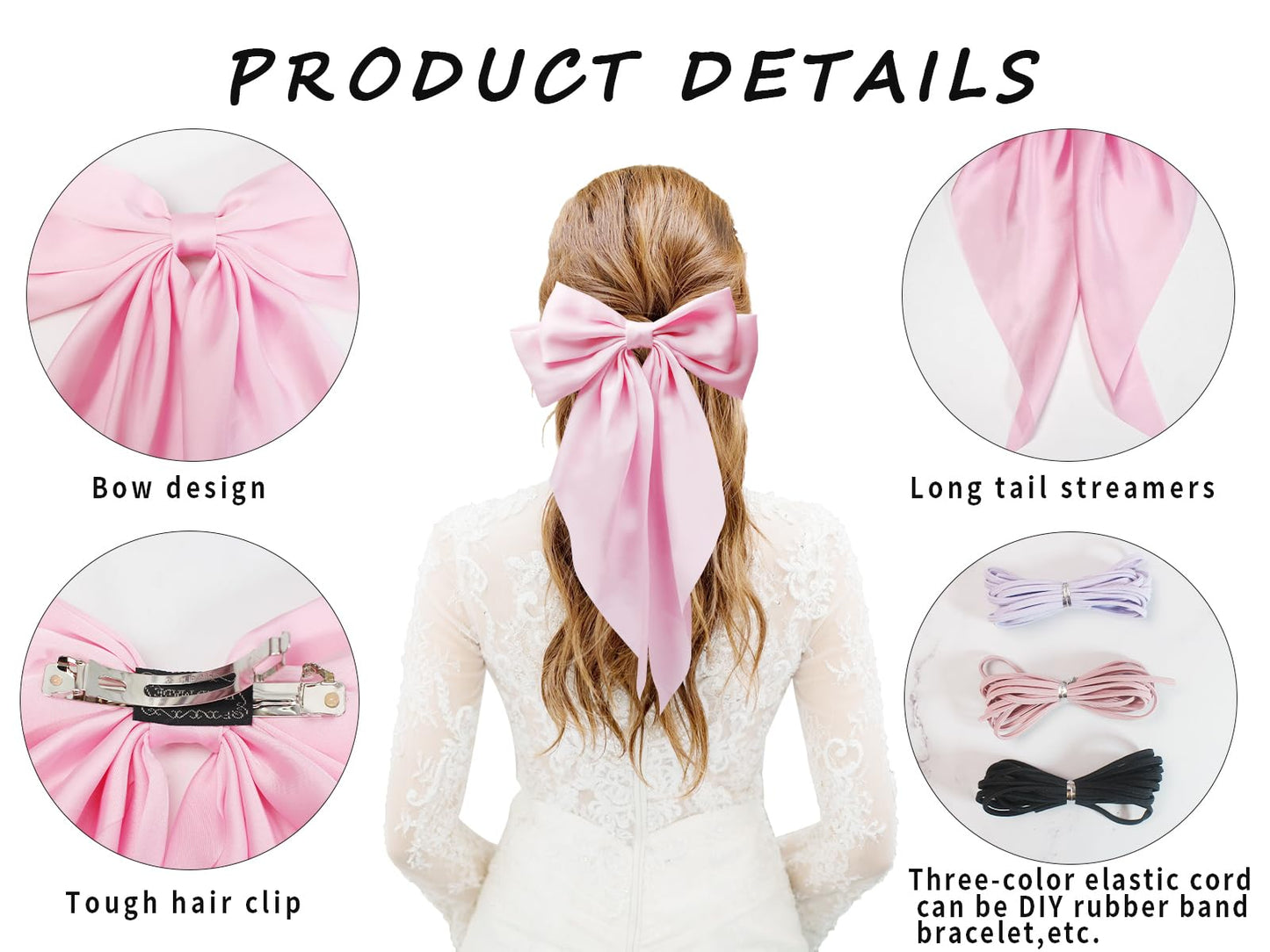 PQZKLDP 2PCS Silky Satin Hair Bows Big Versatile Hair Bows Cute Clips for Girls & Women Pink Hair Bow Ribbons Oversized Long Tail Metal Clips Bowknot Aesthetic Hair Accessories (PD 210)