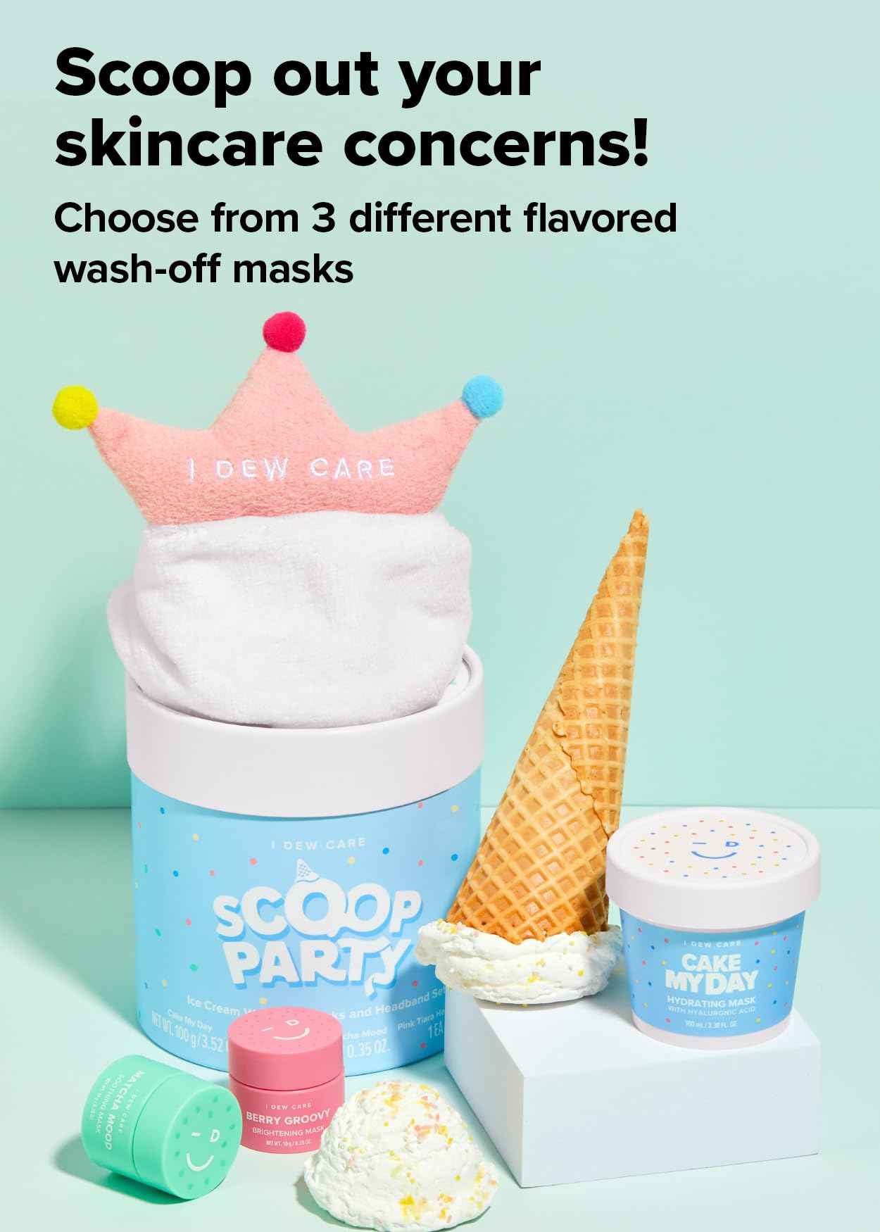 I DEW CARE Wash-off Masks with Headband Set - Scoop Party + 2-in-1 Cleansing Firming Silicone Mask Brush Bundle