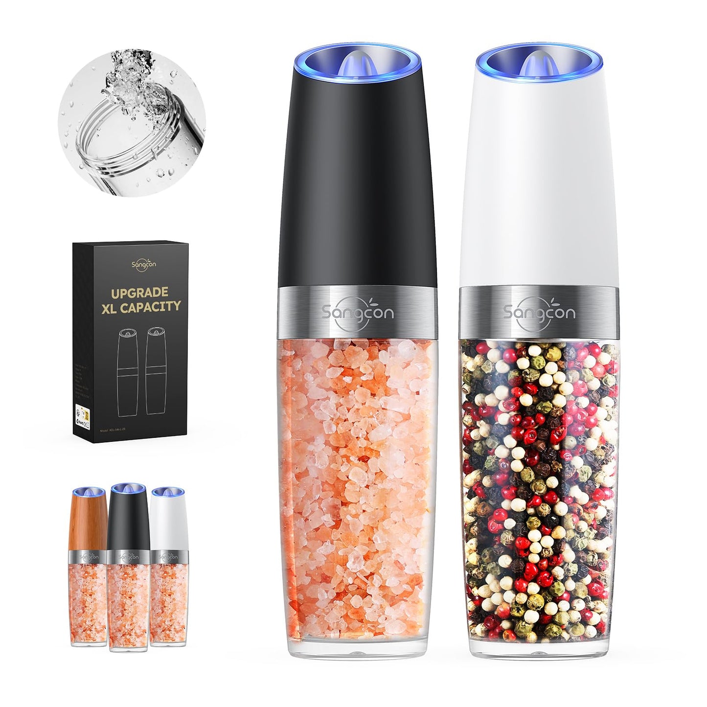 Sangcon Gravity Electric Salt and Pepper Grinder Set 𝐔𝐩𝐠𝐫𝐚𝐝𝐞𝐝 𝟗𝐨𝐳 𝐗𝐋 𝐂𝐚𝐩𝐚𝐜𝐢𝐭𝐲 Battery Powered Refillable Automatic Operation Adjustable Coarseness Mill Grinder Shakers Set