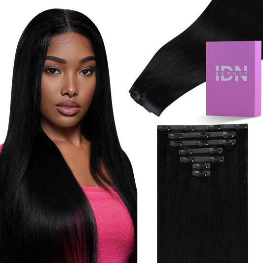 IDN BEAUTY Seamless Clip In Hair Extensions Human Hair Jet Black Real Remy Virgin Human Hair Seamless Clip Ins For Black Women PU Weft Invisible Edge Thick Soft Hair ST 80g 12 Inches