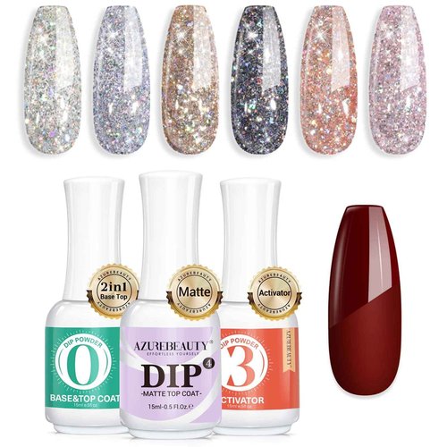 AZUREBEAUTY Dip Powder Nail Set, Silver Pink Black Golden Yellow Glitter Sparkly Shiny Chrome Platinum, 6 Colors All Seasons Bundle with 3 Pcs Dip Powder Liquid Set