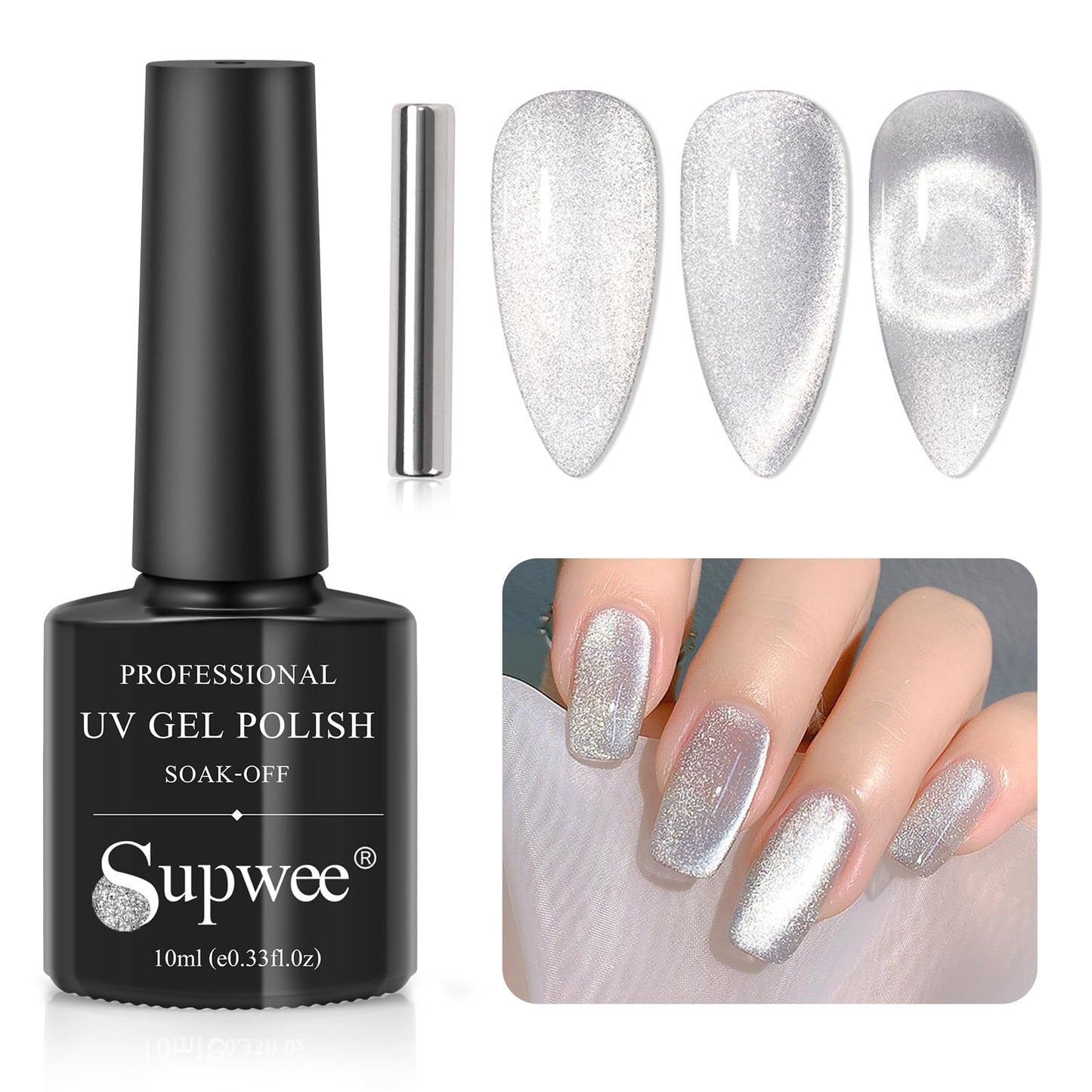 SUPWEE 10ml Silver Universal Bright Glitter Cat Eye Gel Magnetic Nail Polish Gel Art Manicure DIY at Home Soak Off UV Gel with Magnet