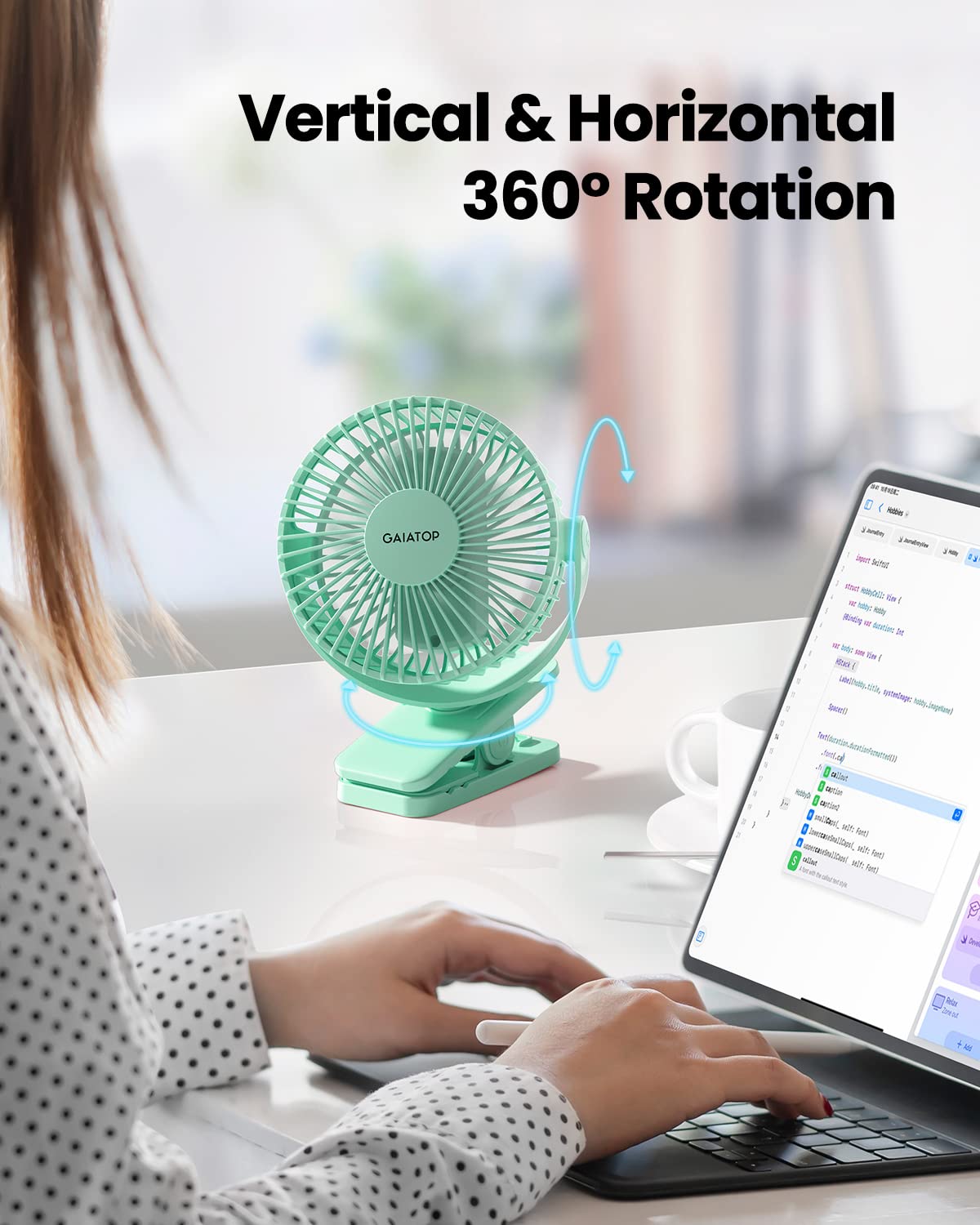 Gaiatop Portable Clip on Fan Battery Operated, Small Powerful USB Desk Fan, 3 Speed Quiet Rechargeable Mini Table Fan, 360° Rotate Personal Cooling Fan for Home Office Stroller Camping Green