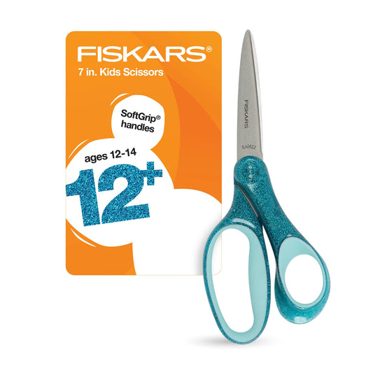 Fiskars 7" SoftGrip Student Glitter Scissors for Kids Ages 12-14, Scissors for School or Crafting, Back to School Supplies, Turquoise Glitter