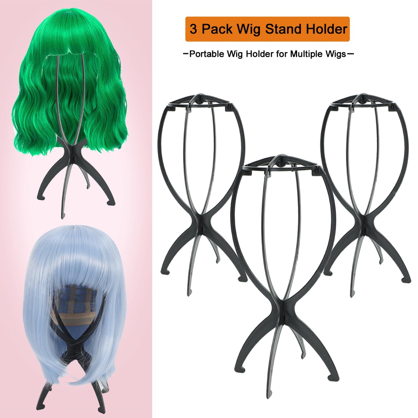 AIAIZHQH 3 Pack Wig Stand Holder, Portable Collapsible Wig Holder for Multiple Wigs, Durable Wig Stands for Women Wig Drying Stand Travel Wig Holder Stand Wigs Display Stand Tool (Black)