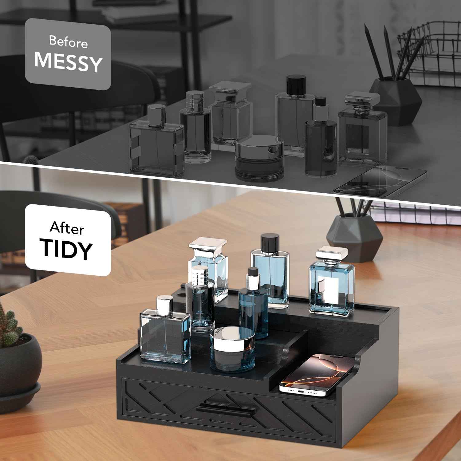 Cologne Organizer for Men, 3 Tier Perfume Stand With Drawer Hidden Compartment and Lining, Wood Display Holder for Watch Jewelry, Black, Great Gifts for Christmas