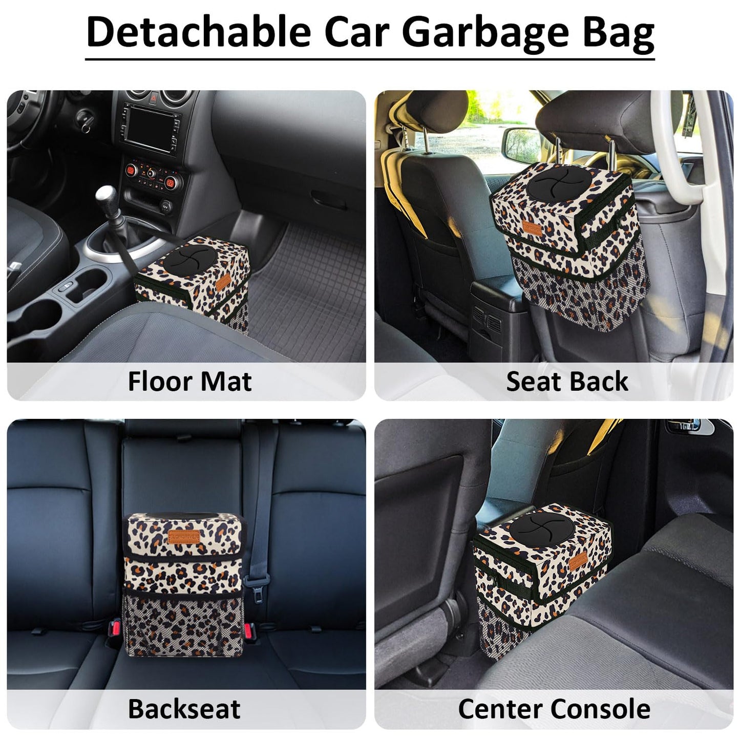 ELONGRIVER Car Trash Can Bin for Car Back Seat Leak Proof, Cute Car Trash Bag Hanging, Vehicle Trash Can for SUV Truck Van, Automotive Car Garbage Cans Front Seat Leopard Print