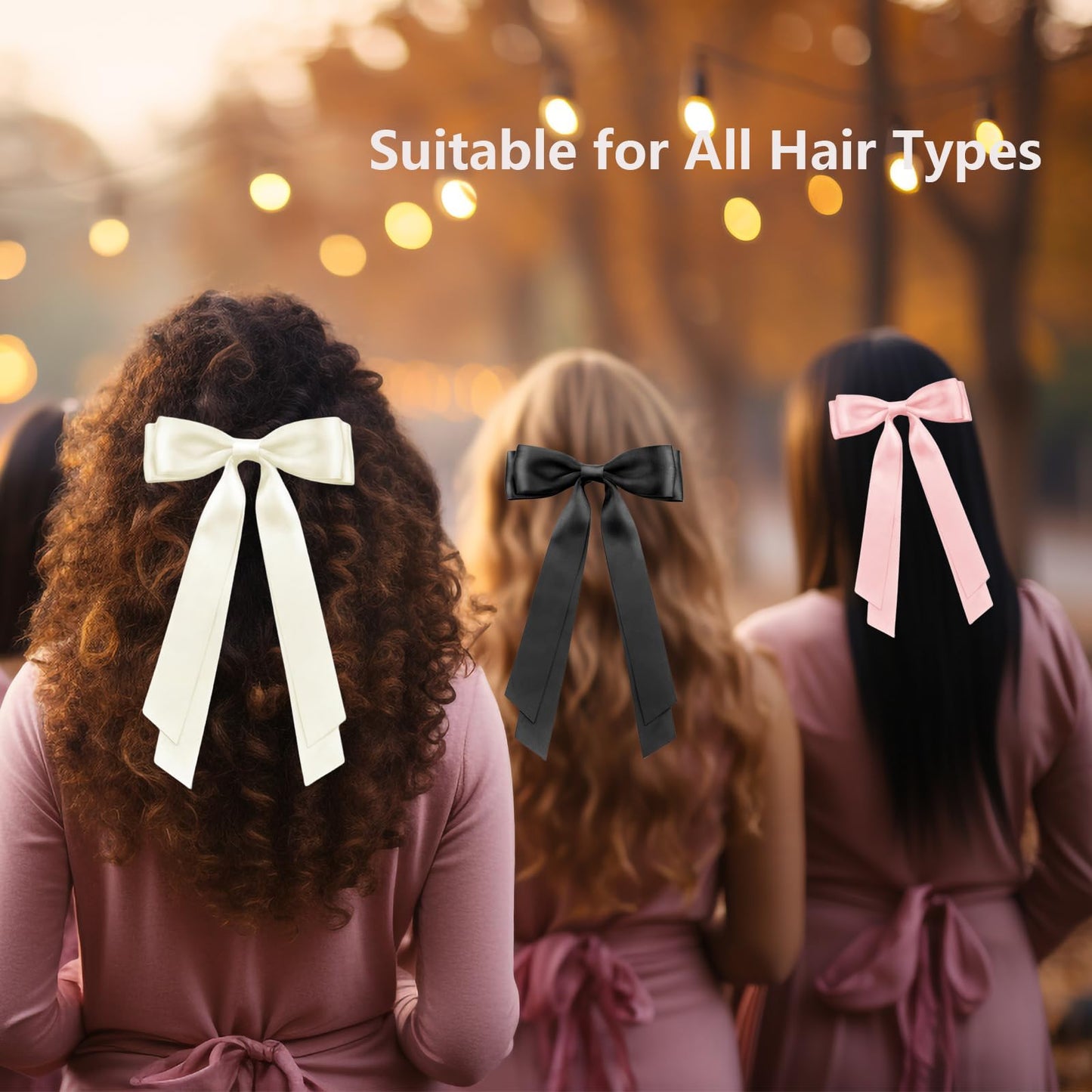 Hair Bow Clips 4 Pcs, Women Silky Satin Hair Bowknot Clips Hairclips Double Ribbon Tassel Ponytail Holder Accessories, Hair Bow Barrettes Clips for Girls Toddlers Teens Kids Gifts, Black+Beige