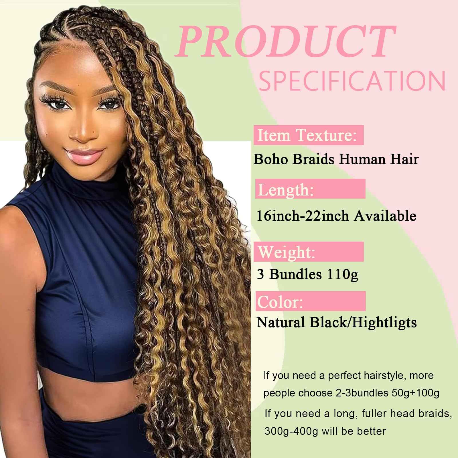 Boho Braids Human Hair for Braiding 110g 20 Inch 12A Deep Water Wave Bulk Human Braiding Hair for Boho Braids Knotless Highligts Wet and Wavy Virgin Extensions Bohemian No Weft Curly 3 Bundles P4/30