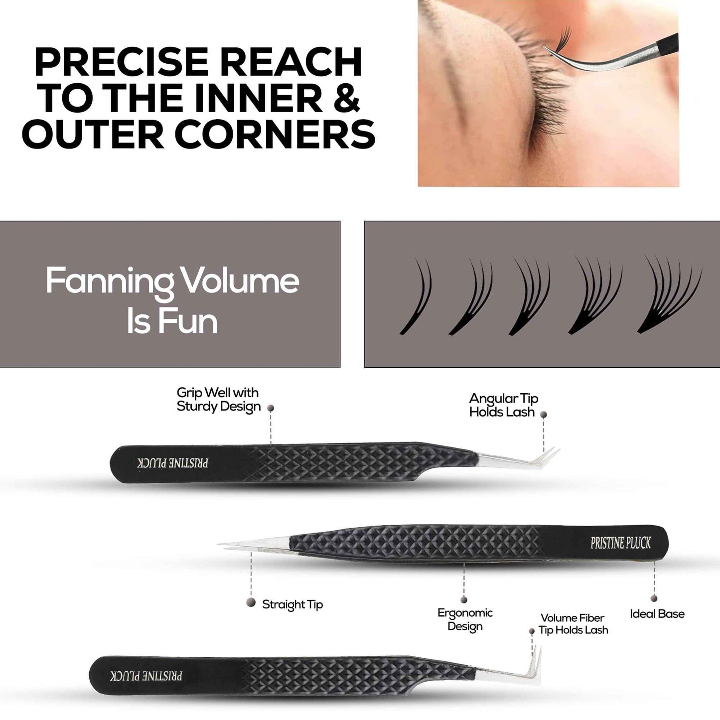 PRISTINE PLUCK 5-Piece Eyelash Extension Tweezers Set Precision Lash Tweezers with Anti-Slip Grip with fiber tip lash tweezers Tools for Lash Artists & eyelash tweezers for women (eyelash set black)