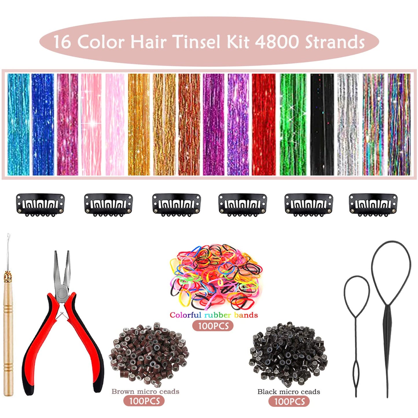 48 Inch Glitter Hair Tinsel Extensions Kit (16 Colors, 4800 Strands) With Tools - Heat Resistant Fairy Hair Accessories for Women, Girls, Kids