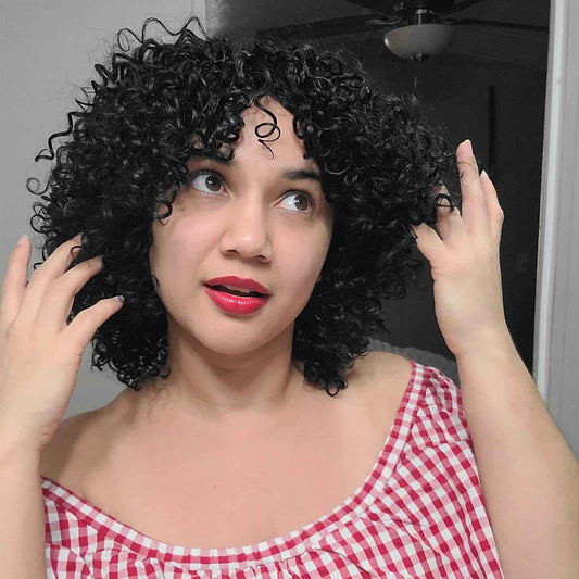 HUA 10 Inch Short Curly Wigs for Black Women Glueless Kinky Curly NO Lace Wig Beginner Friendly Curly Afro Wigs for Women Wear and Go Glueless Wig Natural Black Color 150% Density